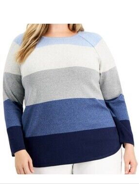 Karen Scott Colorblock Blue, White & Heathered Gray Long Sleeve Top